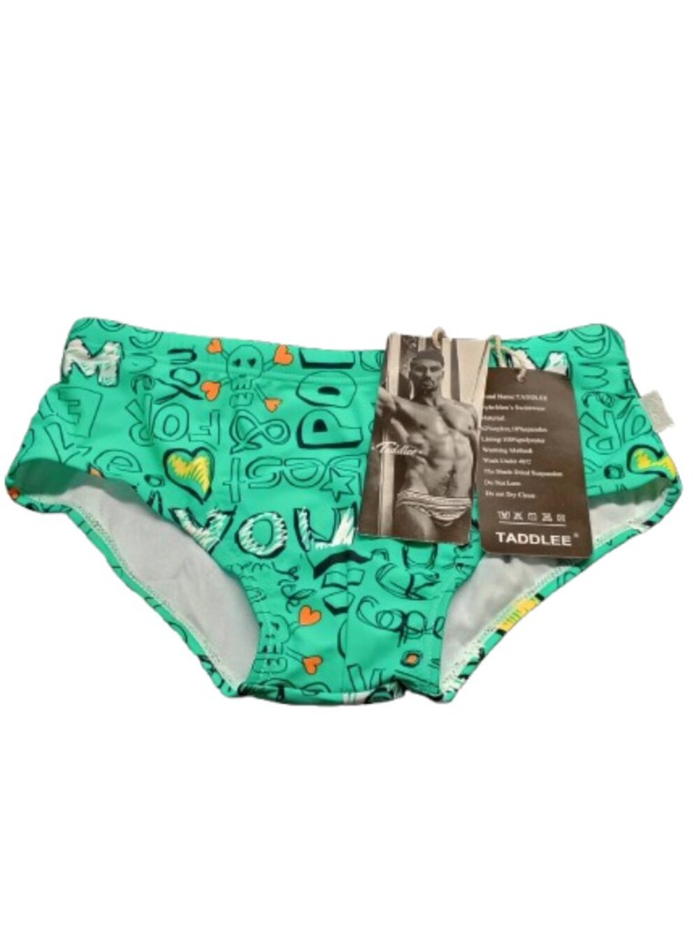 NWT TADDLEE Men's Swim Briefs – Size S – Teal Graffiti Print Drawstring Swimsuit